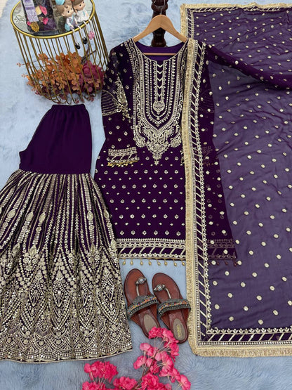 Purple Designer Faux Georgette Embroidered Top and Plazzo & Dupatta