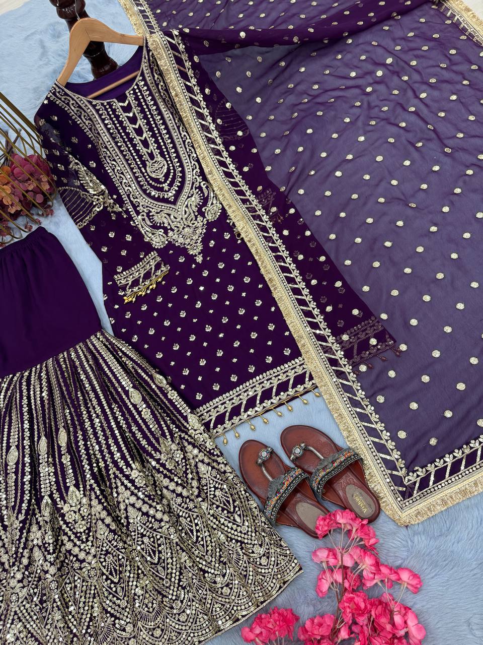 Purple Designer Faux Georgette Embroidered Top and Plazzo & Dupatta