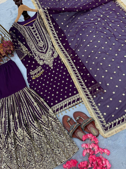 Purple Designer Faux Georgette Embroidered Top and Plazzo & Dupatta