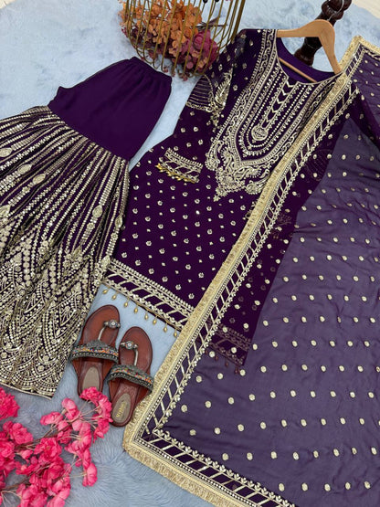 Purple Designer Faux Georgette Embroidered Top and Plazzo & Dupatta