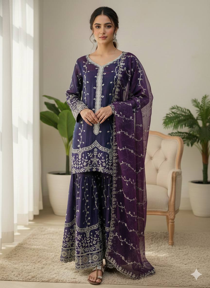 Purple Designer Fendy Silk Top Bottom and Dupatta For Party Wear