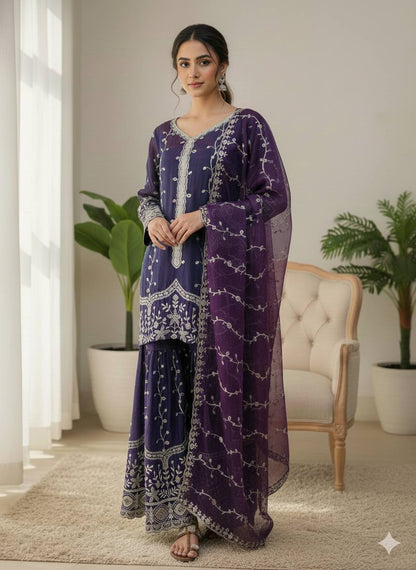 Purple Designer Fendy Silk Top Bottom and Dupatta For Party Wear