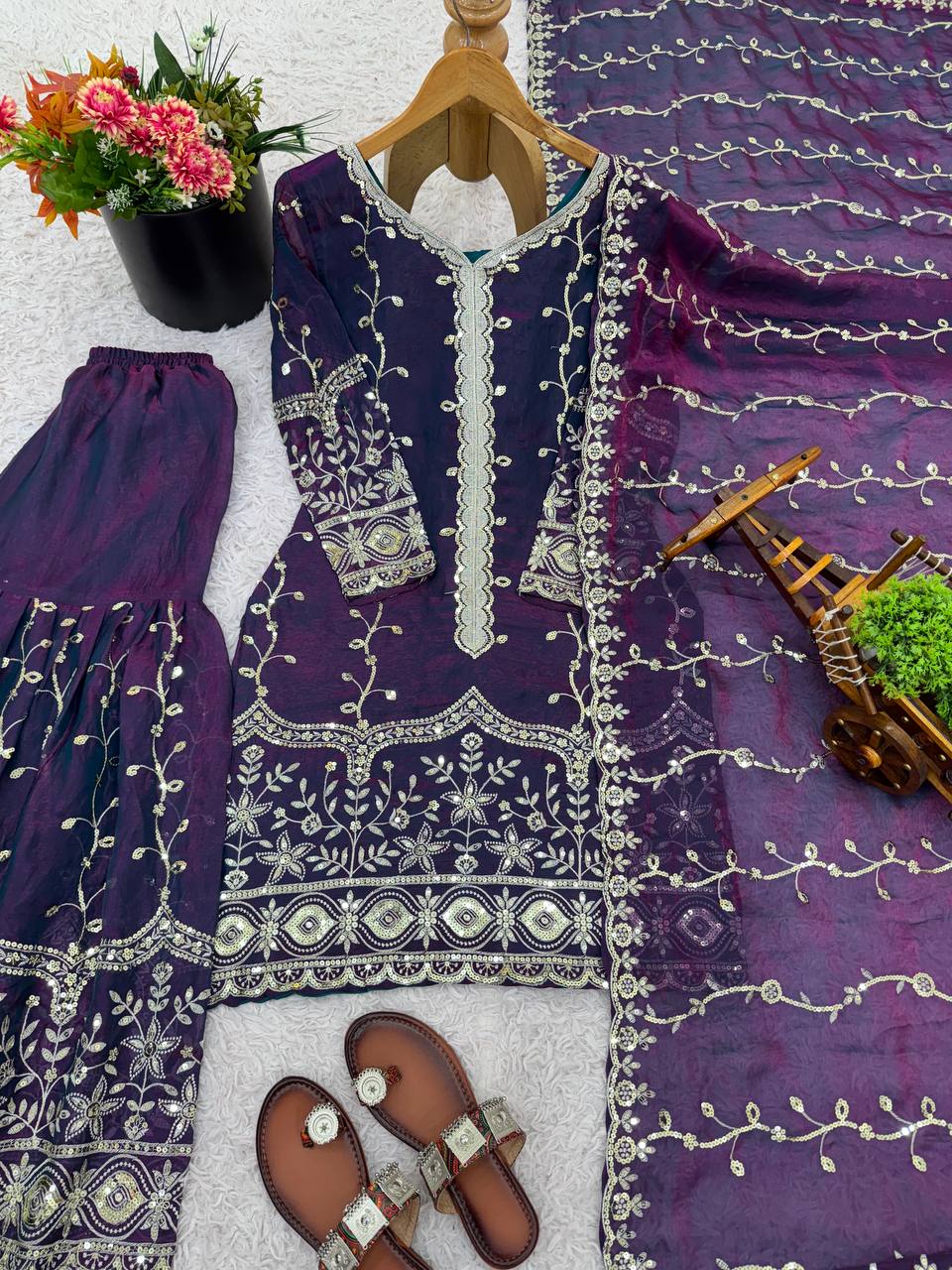 Purple Designer Fendy Silk Top Bottom and Dupatta For Party Wear