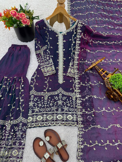 Purple Designer Fendy Silk Top Bottom and Dupatta For Party Wear