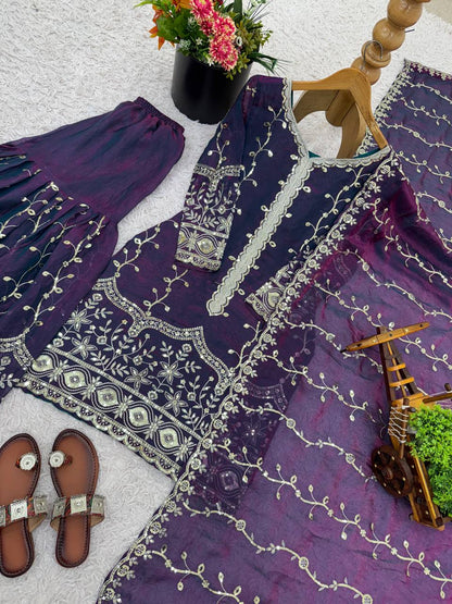 Purple Designer Fendy Silk Top Bottom and Dupatta For Party Wear