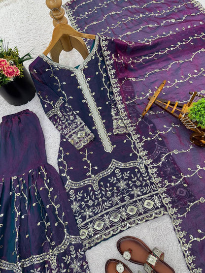 Purple Designer Fendy Silk Top Bottom and Dupatta For Party Wear