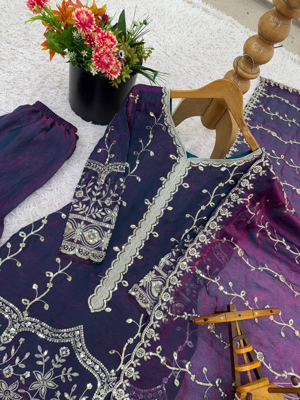 Purple Designer Fendy Silk Top Bottom and Dupatta For Party Wear