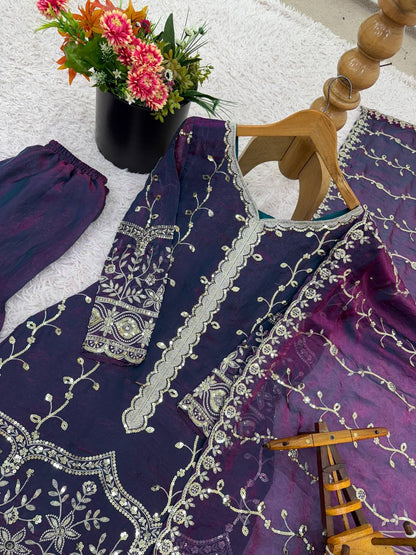 Purple Designer Fendy Silk Top Bottom and Dupatta For Party Wear