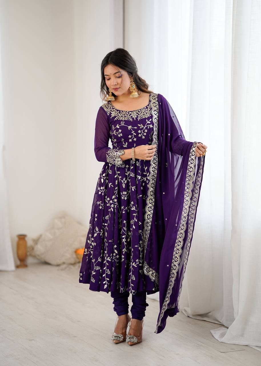 Purple Designer Heavy Faux Georgette Anarkali Gown and Dupatta