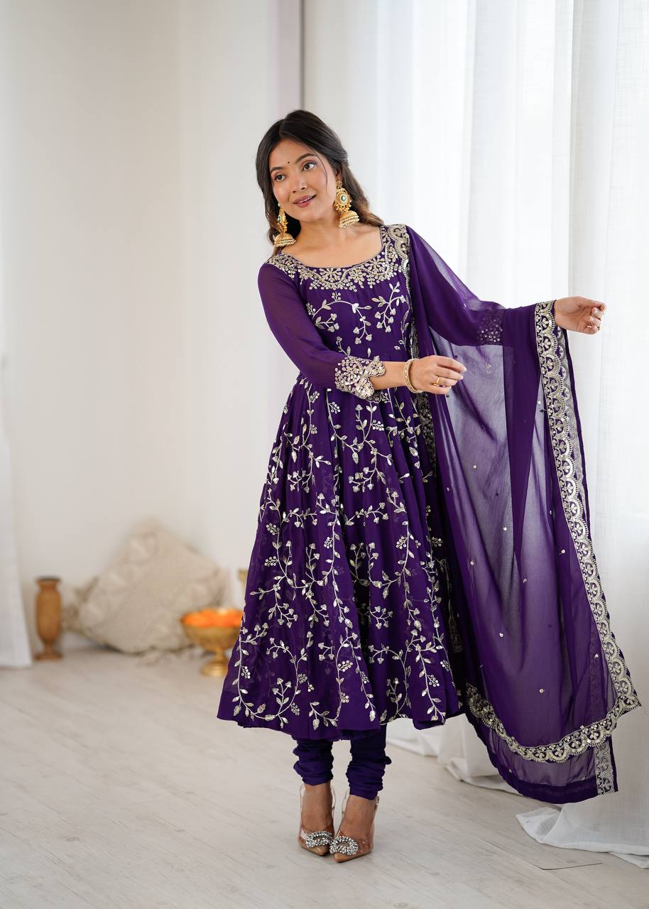 Purple Designer Heavy Faux Georgette Anarkali Gown and Dupatta