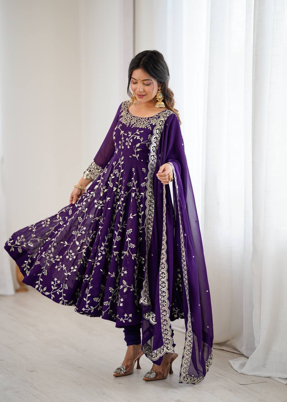 Purple Designer Heavy Faux Georgette Anarkali Gown and Dupatta