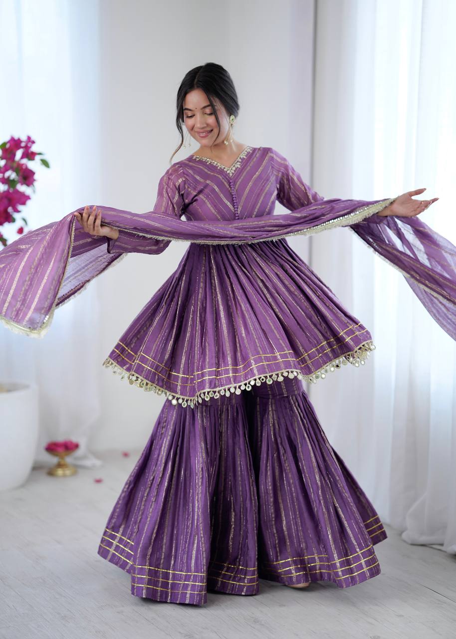 Purple Designer Mal Chanderi Mirror Work Sharara suit and Dupatta