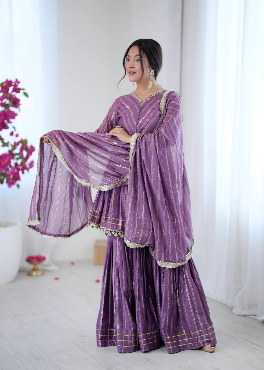 Purple Designer Mal Chanderi Mirror Work Sharara suit and Dupatta