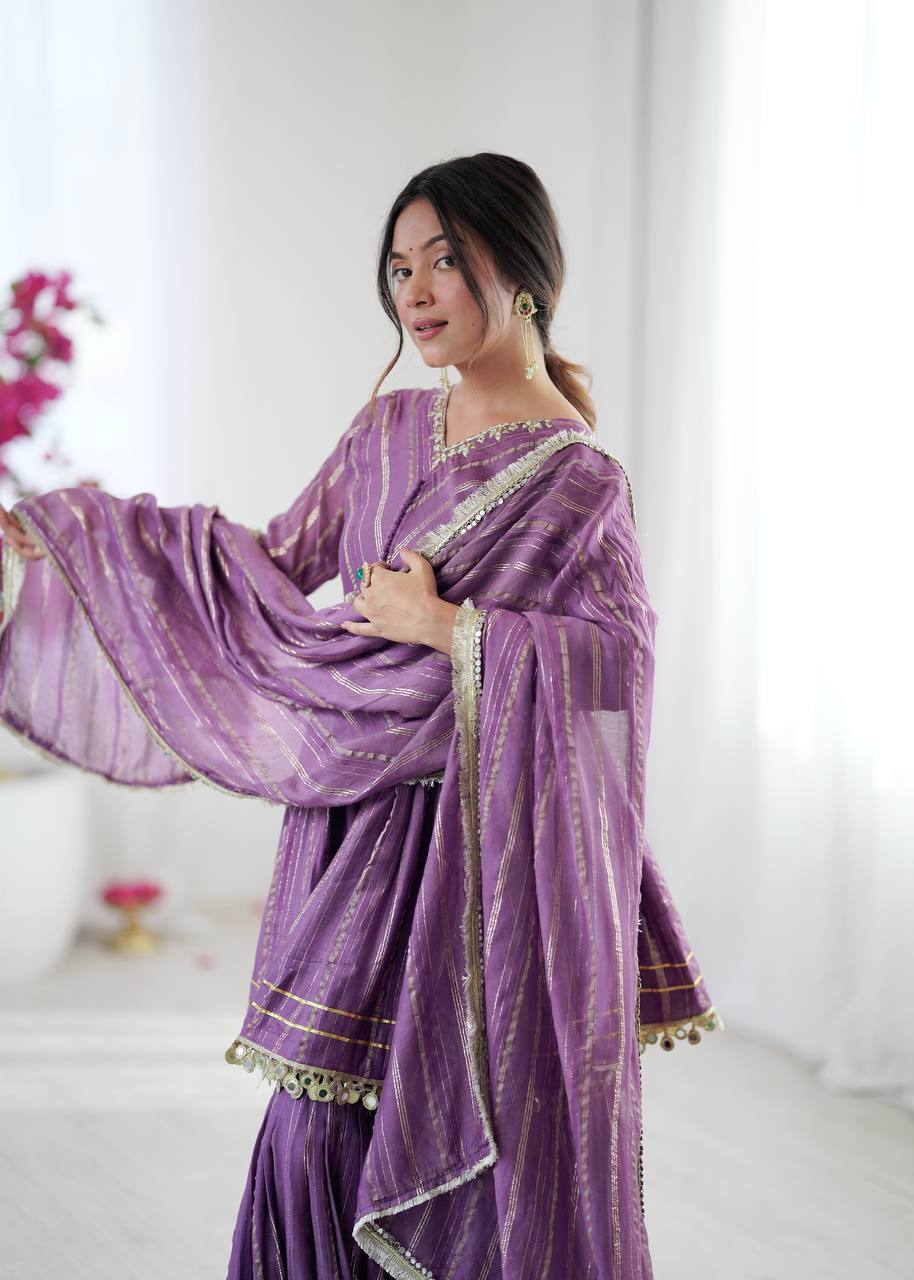 Purple Designer Mal Chanderi Mirror Work Sharara suit and Dupatta