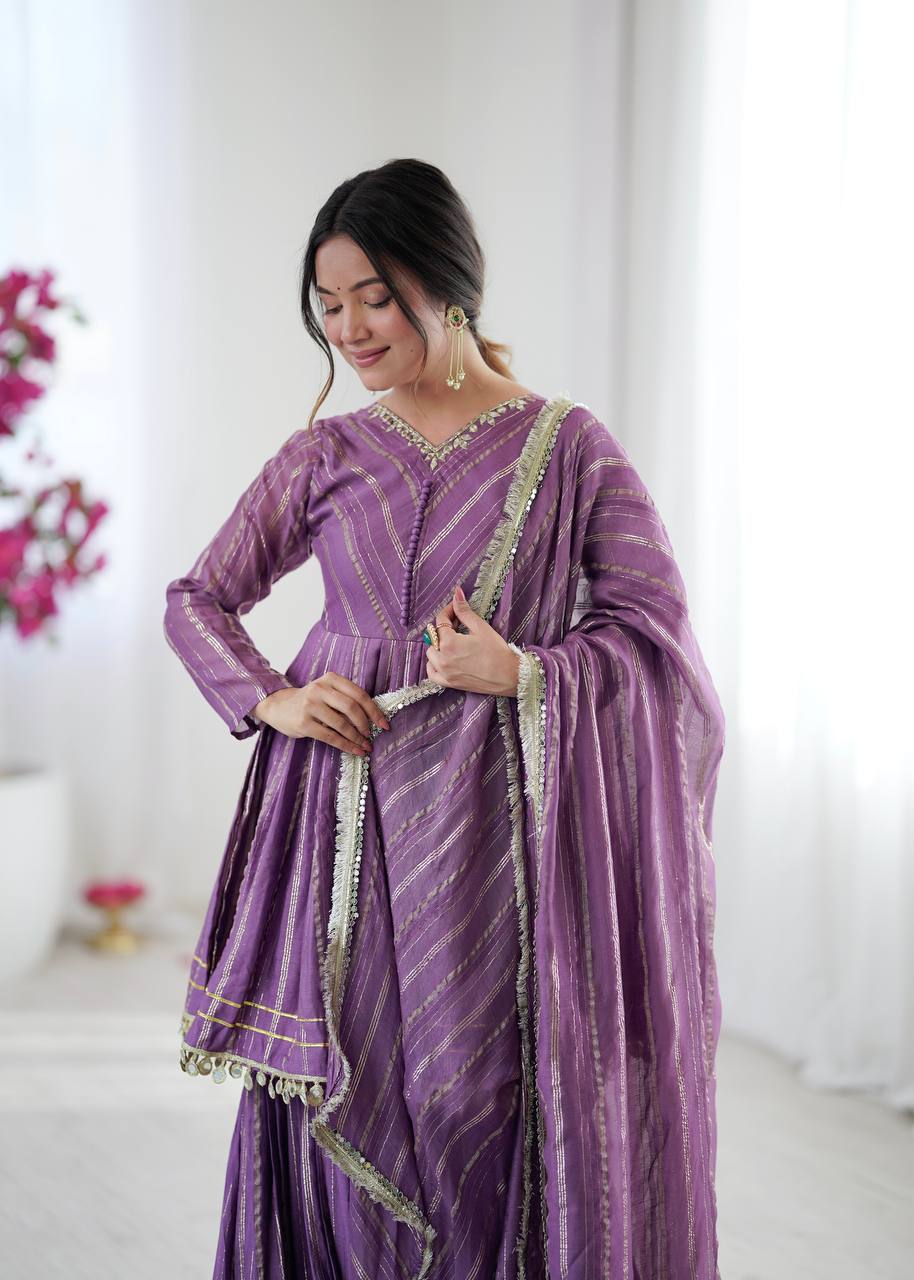 Purple Designer Mal Chanderi Mirror Work Sharara suit and Dupatta