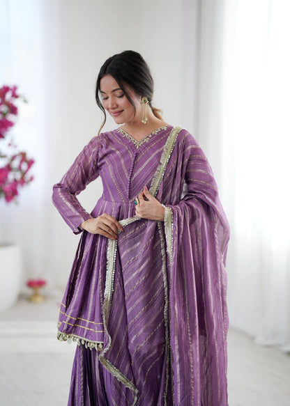 Purple Designer Mal Chanderi Mirror Work Sharara suit and Dupatta