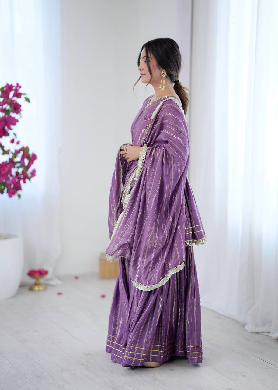 Purple Designer Mal Chanderi Mirror Work Sharara suit and Dupatta