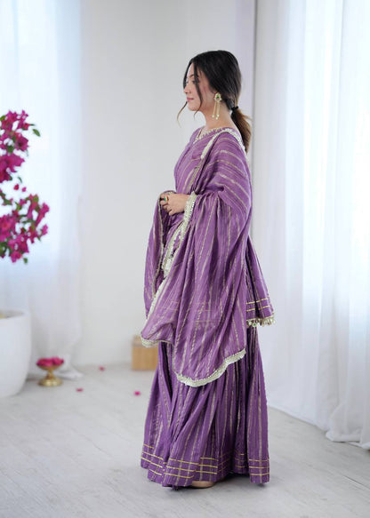 Purple Designer Mal Chanderi Mirror Work Sharara suit and Dupatta