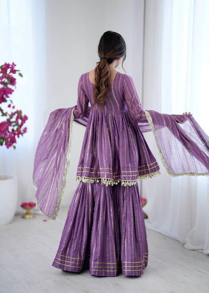 Purple Designer Mal Chanderi Mirror Work Sharara suit and Dupatta