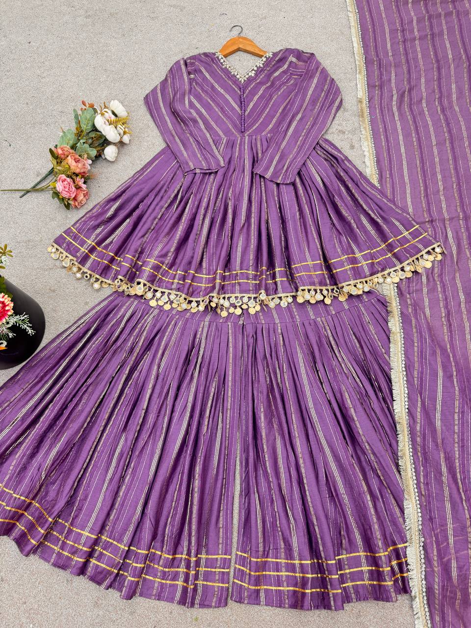 Purple Designer Mal Chanderi Mirror Work Sharara suit and Dupatta