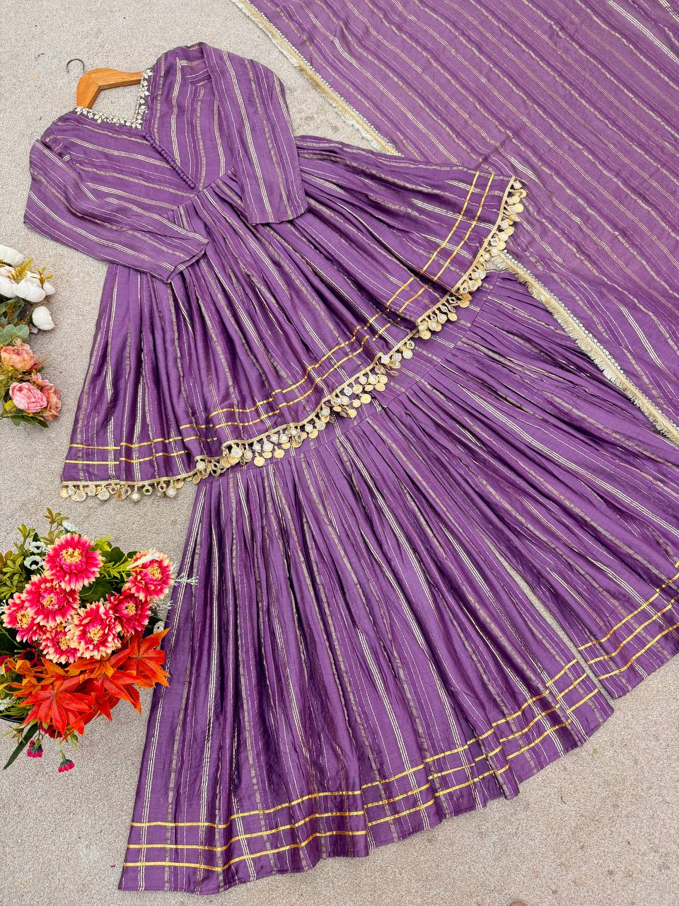 Purple Designer Mal Chanderi Mirror Work Sharara suit and Dupatta