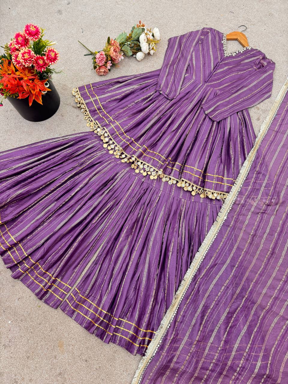 Purple Designer Mal Chanderi Mirror Work Sharara suit and Dupatta