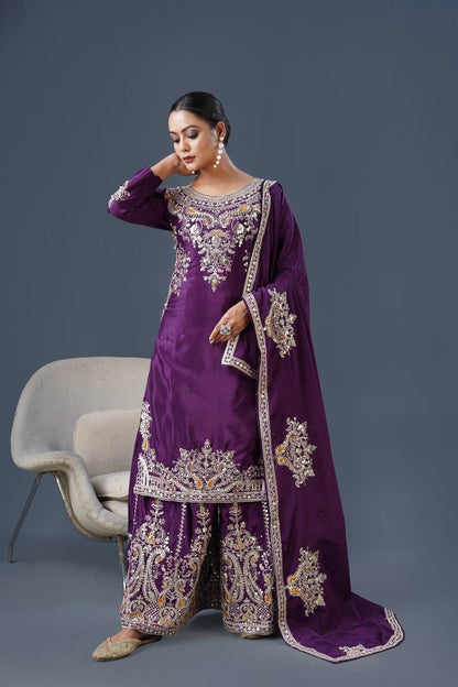 Purple Designer Pure Chinnon Silk Dori Palazzo Top and Dupatta