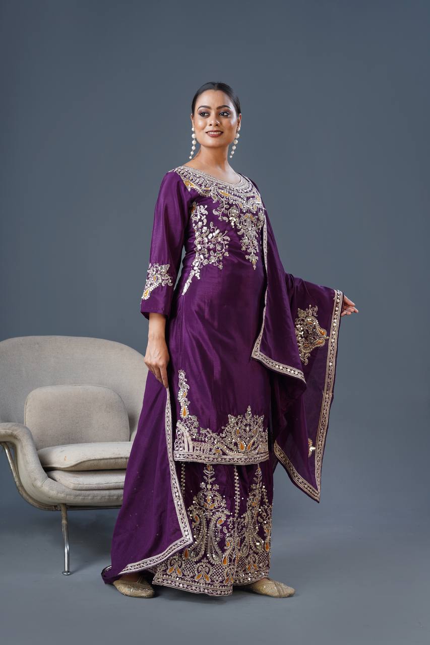 Purple Designer Pure Chinnon Silk Dori Palazzo Top and Dupatta