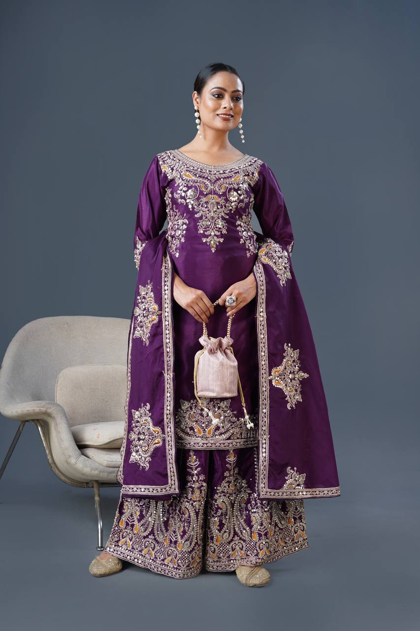 Purple Designer Pure Chinnon Silk Dori Palazzo Top and Dupatta