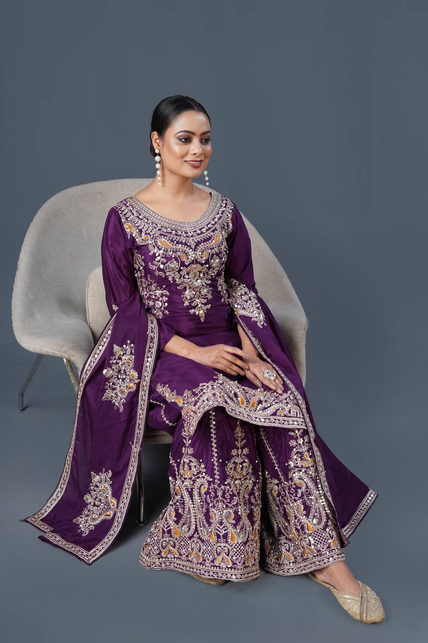Purple Designer Pure Chinnon Silk Dori Palazzo Top and Dupatta