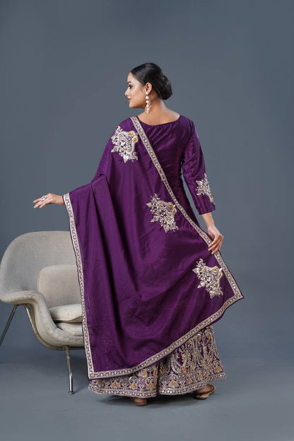 Purple Designer Pure Chinnon Silk Dori Palazzo Top and Dupatta