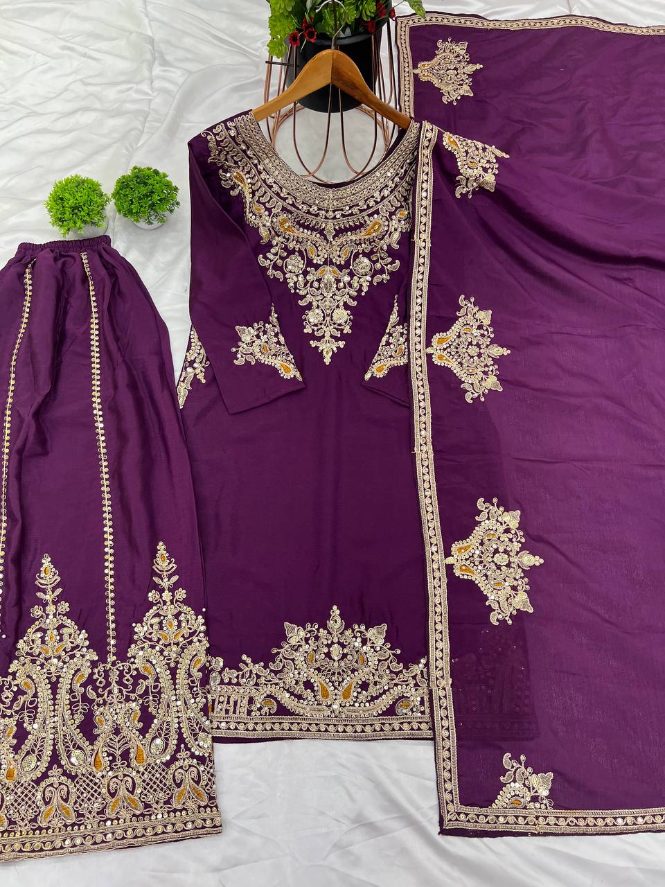 Purple Designer Pure Chinnon Silk Dori Palazzo Top and Dupatta