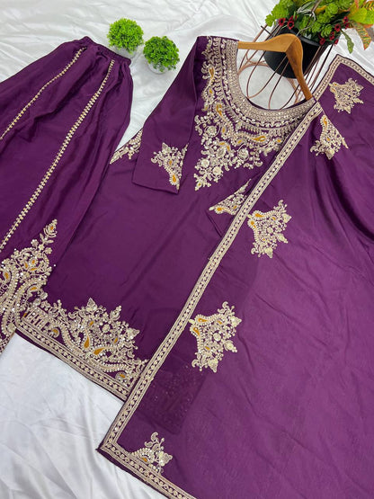 Purple Designer Pure Chinnon Silk Dori Palazzo Top and Dupatta