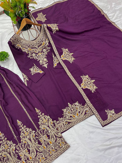 Purple Designer Pure Chinnon Silk Dori Palazzo Top and Dupatta