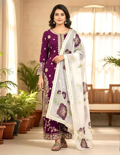Plum Purple Designer Pure Fendi Silk Plazzo Top and Dupatta For Party Wear
