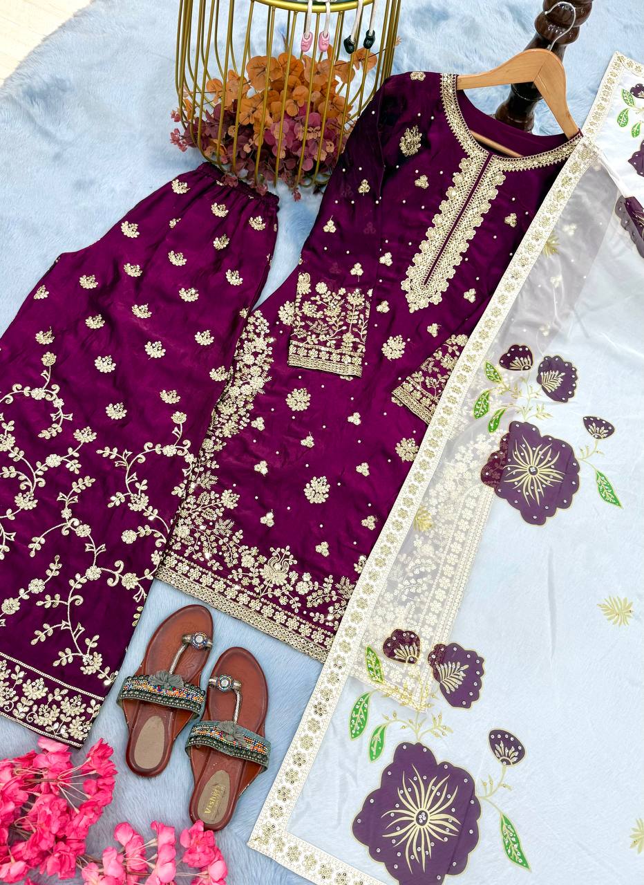 Plum Purple Designer Pure Fendi Silk Plazzo Top and Dupatta For Party Wear