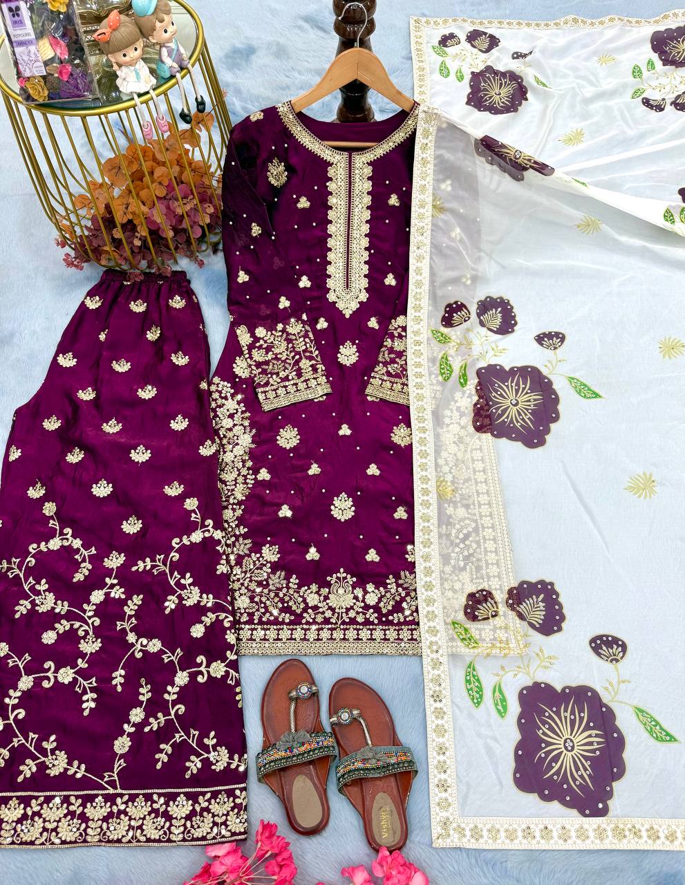 Plum Purple Designer Pure Fendi Silk Plazzo Top and Dupatta For Party Wear