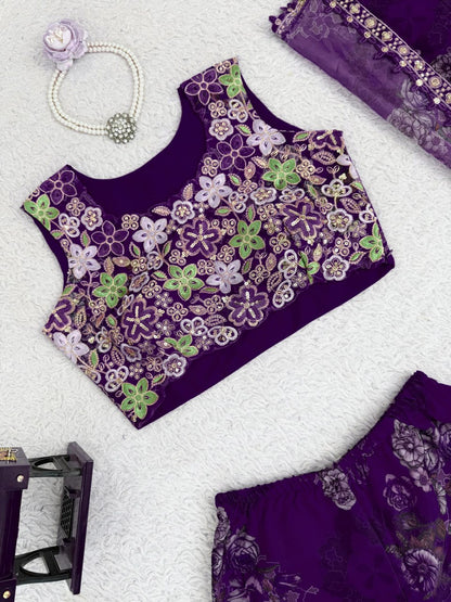 Purple Designer Tibby Silk Shrug Sharara Set with Embroidery Work