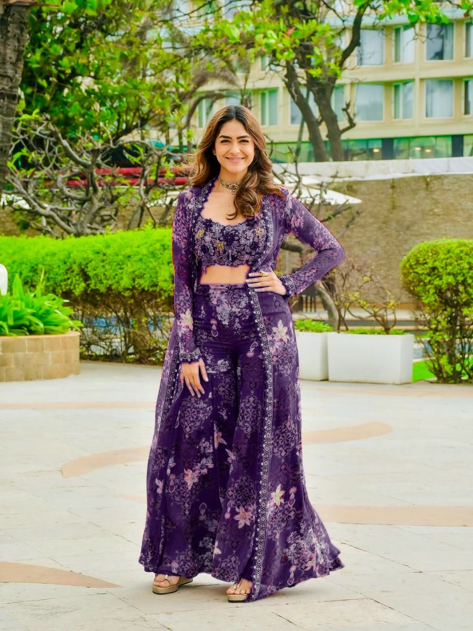 Purple Designer Tibby Silk Shrug Sharara Set with Embroidery Work