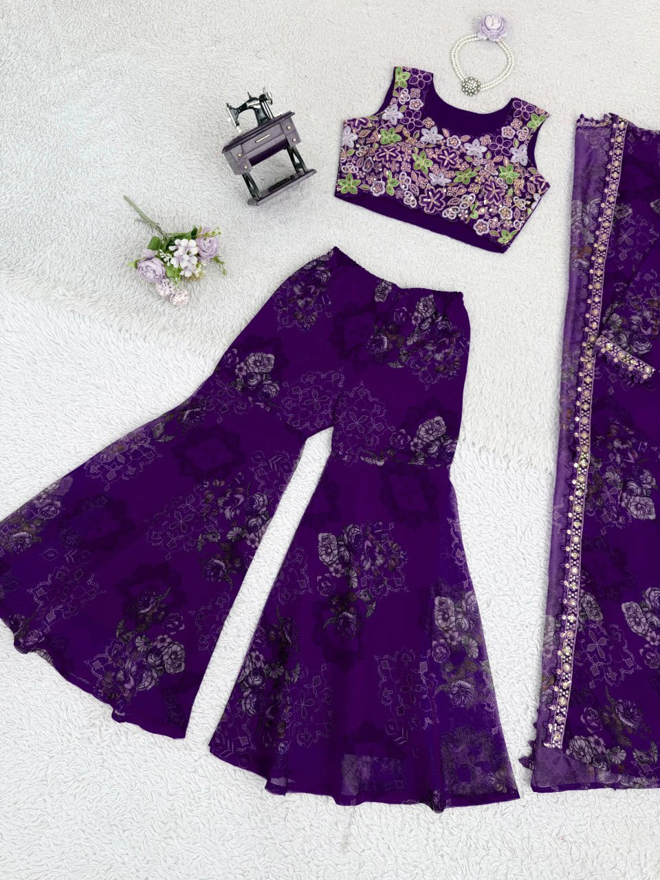 Purple Designer Tibby Silk Shrug Sharara Set with Embroidery Work