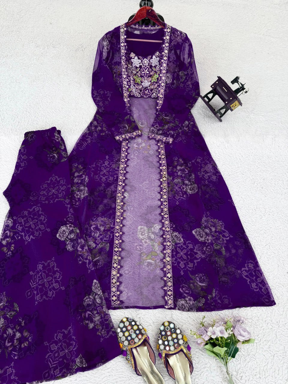 Purple Designer Tibby Silk Shrug Sharara Set with Embroidery Work
