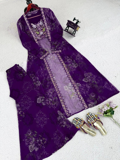 Purple Designer Tibby Silk Shrug Sharara Set with Embroidery Work