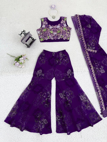 Purple Designer Tibby Silk Shrug Sharara Set with Embroidery Work