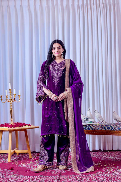 Purple Designer Viscose Velvet Plazzo Top and Dupatta For Party Wear