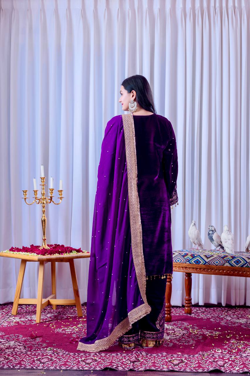 Purple Designer Viscose Velvet Plazzo Top and Dupatta For Party Wear