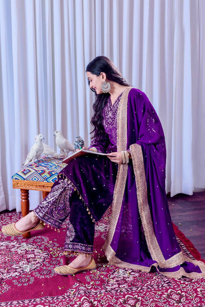 Purple Designer Viscose Velvet Plazzo Top and Dupatta For Party Wear