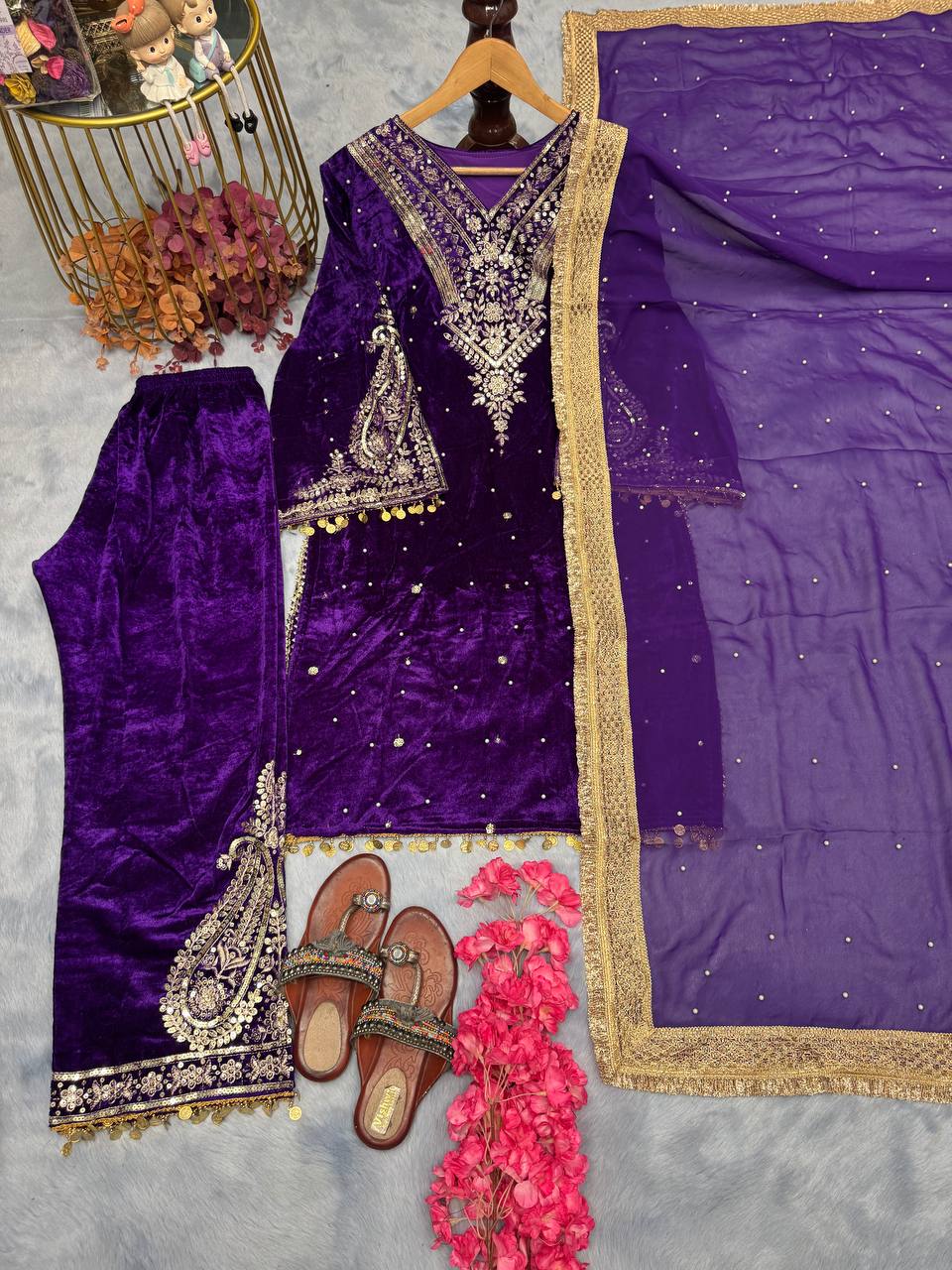 Purple Designer Viscose Velvet Plazzo Top and Dupatta For Party Wear