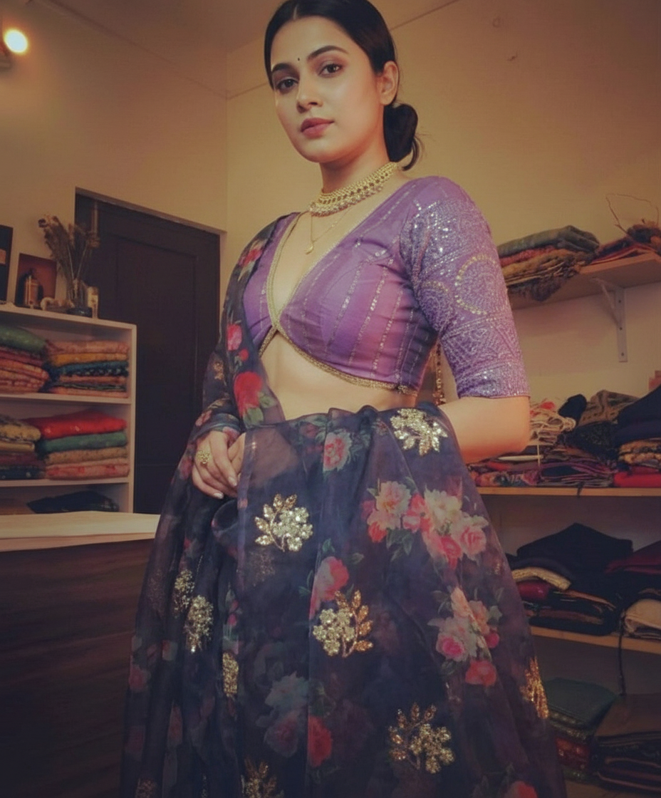 Purple Digital Print Organza Saree with Golden Zari Embroidery Blouse