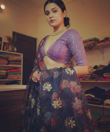 Purple Digital Print Organza Saree with Golden Zari Embroidery Blouse