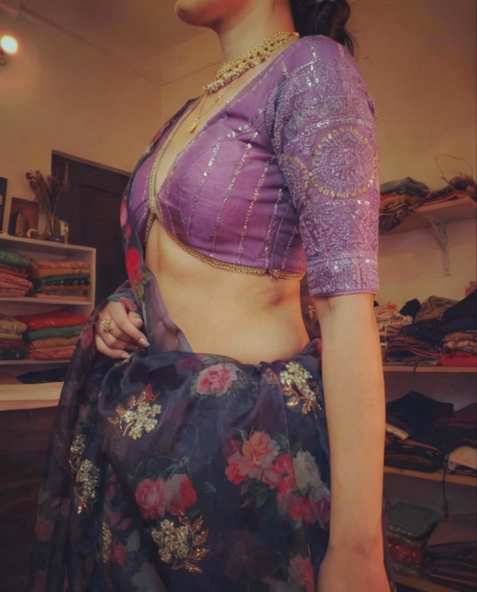 Purple Digital Print Organza Saree with Golden Zari Embroidery Blouse